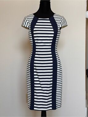 ANTONIO MELANI Navy and White Striped Midi Sheath Dress